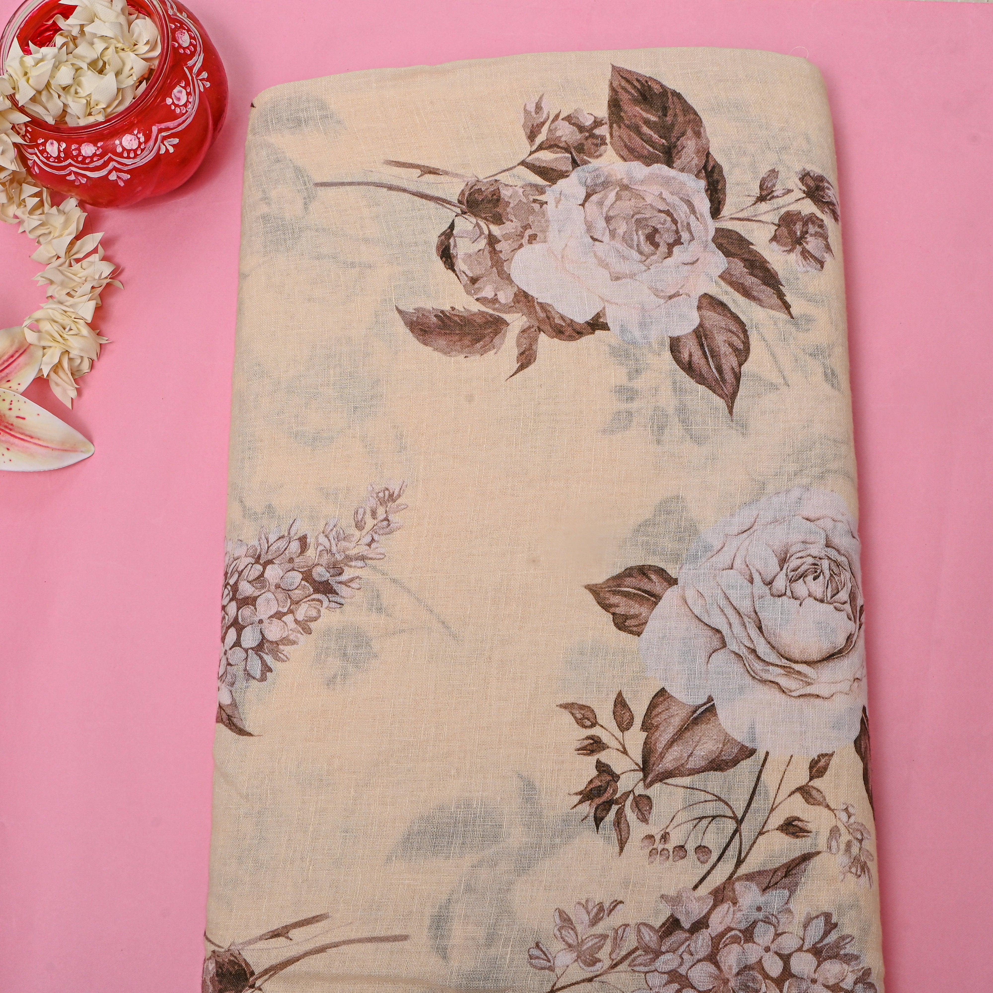 Beige Dupion Silk With Digital Print