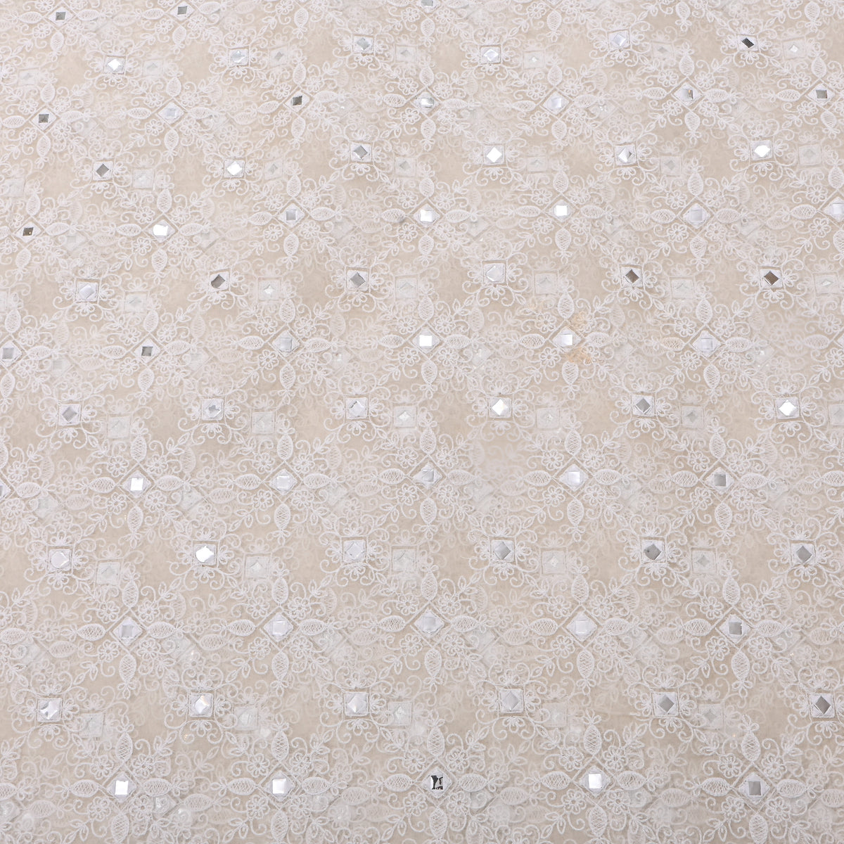 White Mirror Work Thread Embroidery Organza Fabric