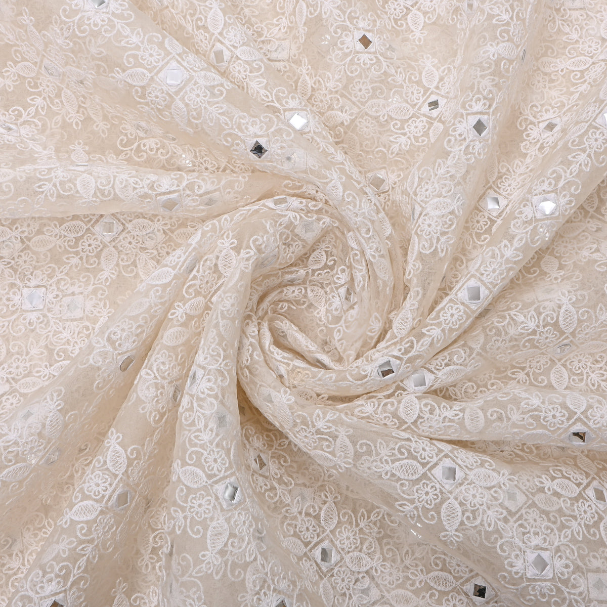 White Mirror Work Thread Embroidery Organza Fabric