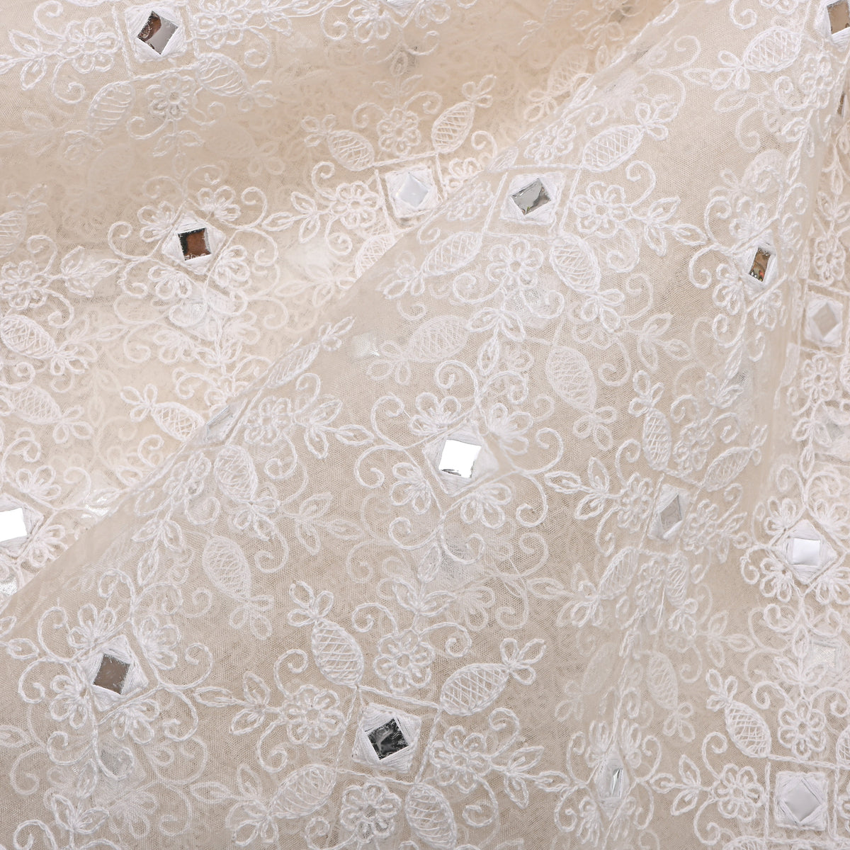 White Mirror Work Thread Embroidery Organza Fabric