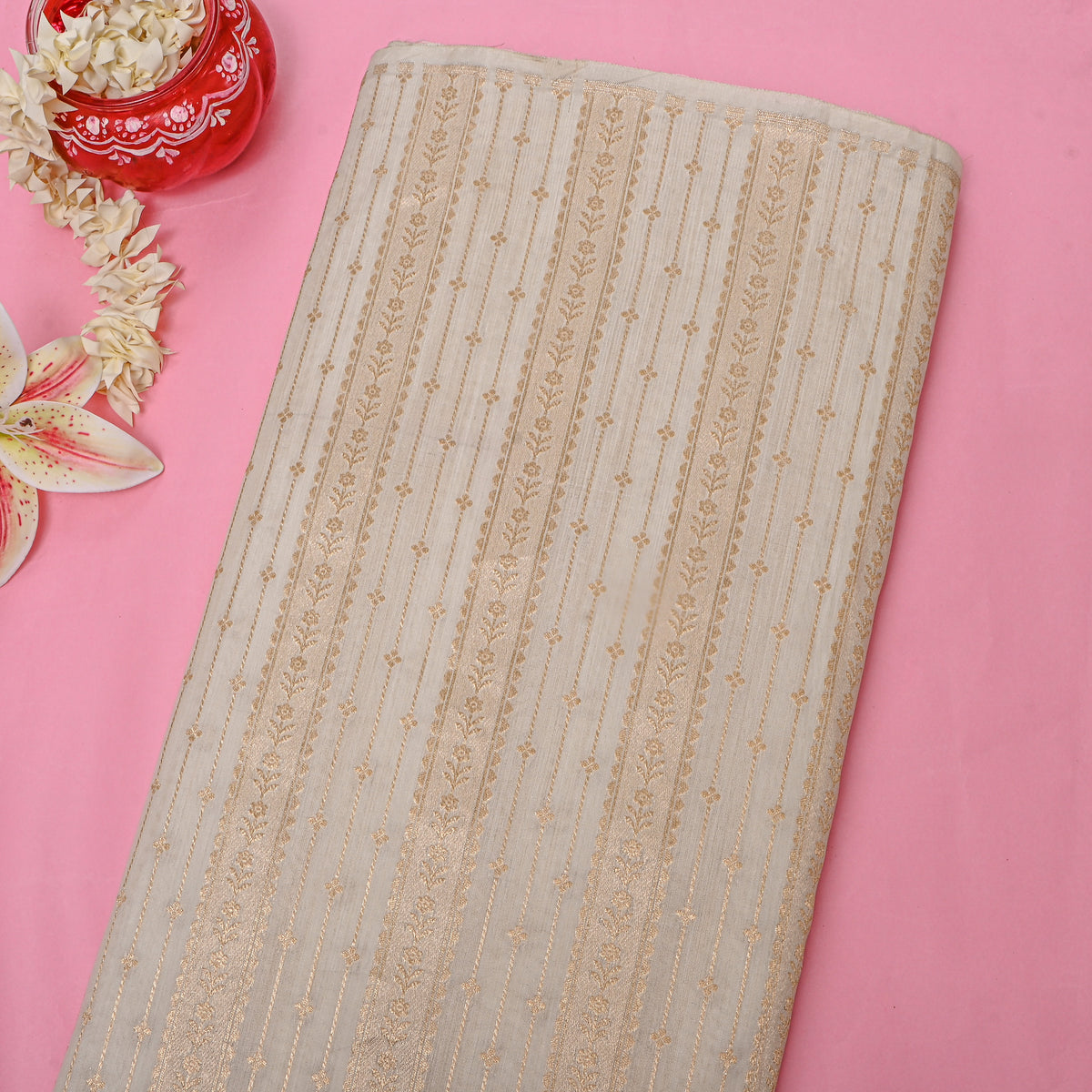 White Gold Floral Stripe Self Weave Jamawar Silk Fabric