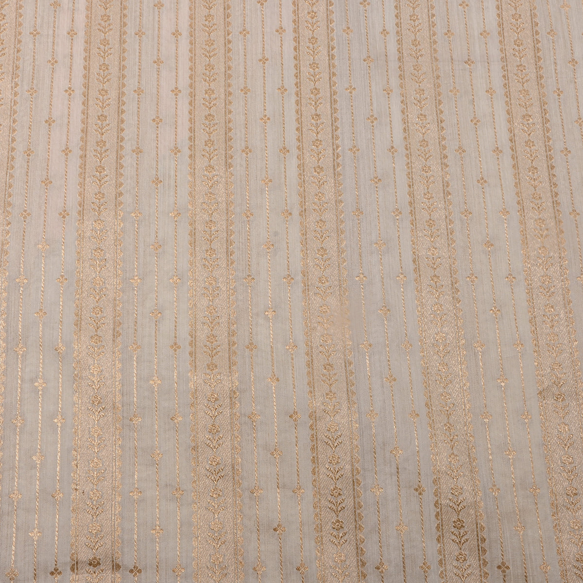 White Gold Floral Stripe Self Weave Jamawar Silk Fabric