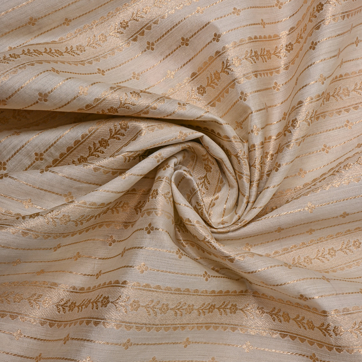 White Gold Floral Stripe Self Weave Jamawar Silk Fabric