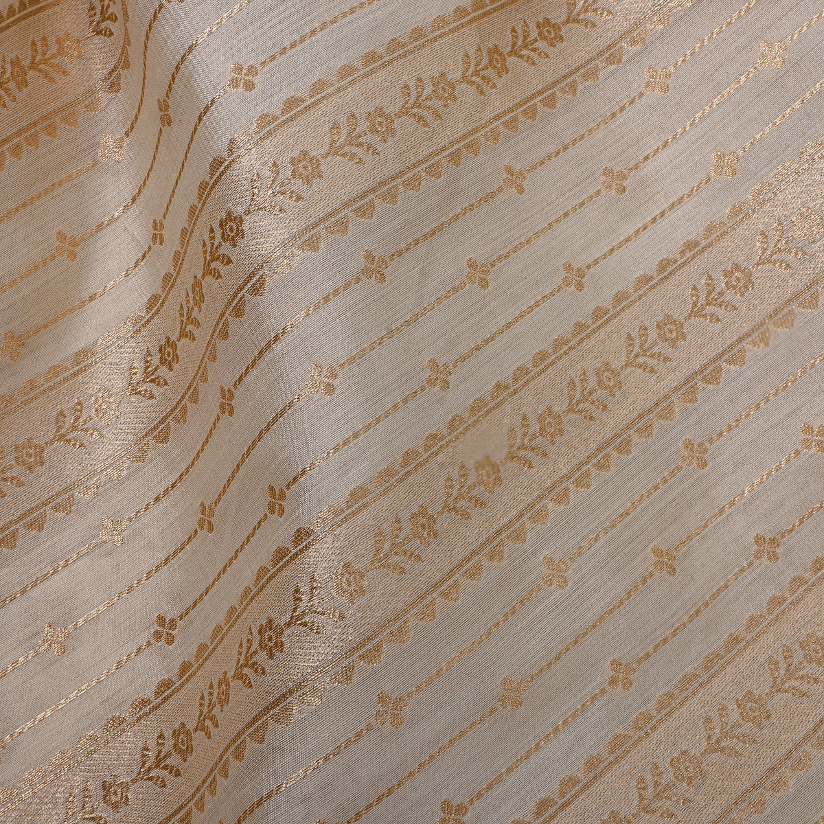 White Gold Floral Stripe Self Weave Jamawar Silk Fabric