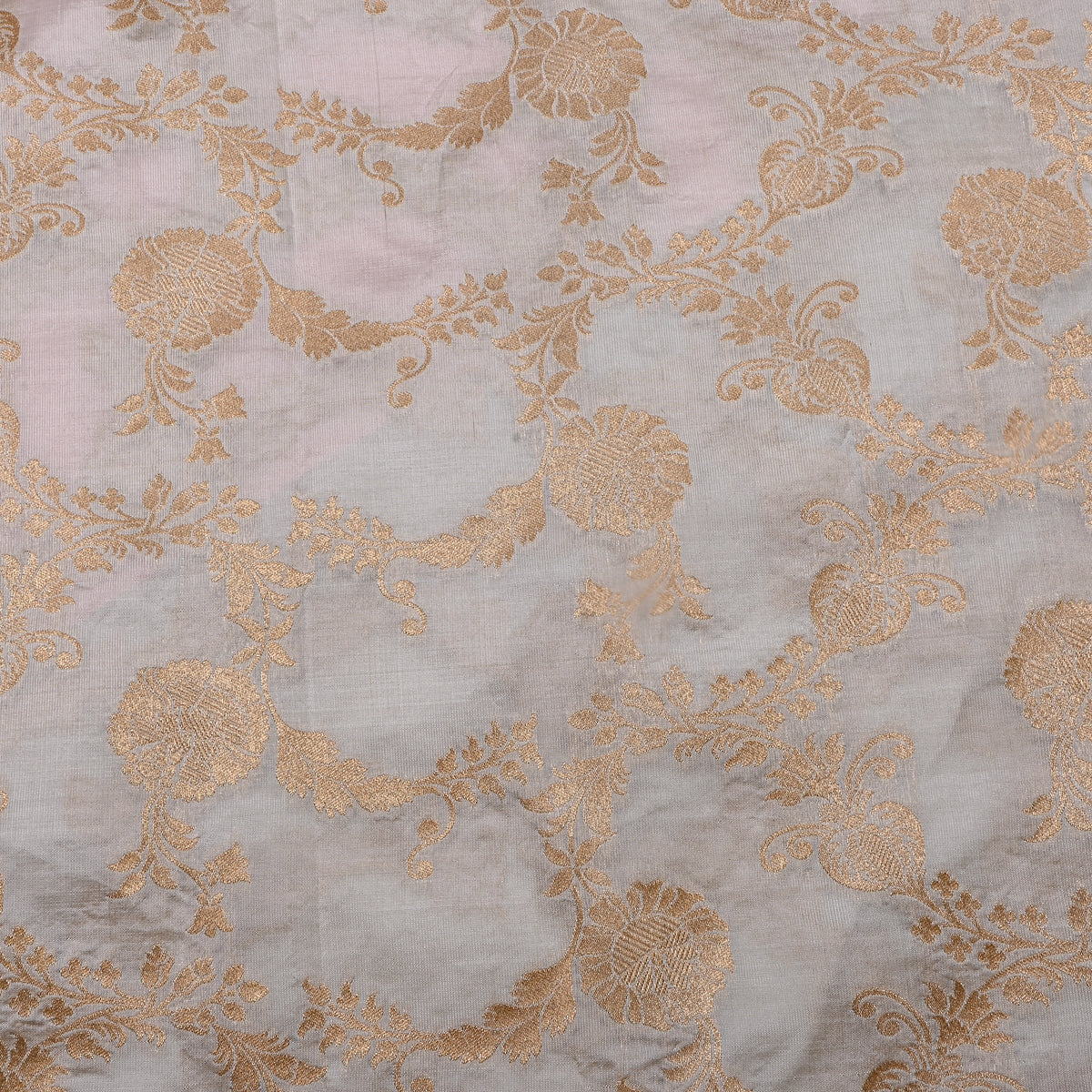 White Gold Floral Jaal Self Weave Jamawar Silk Fabric