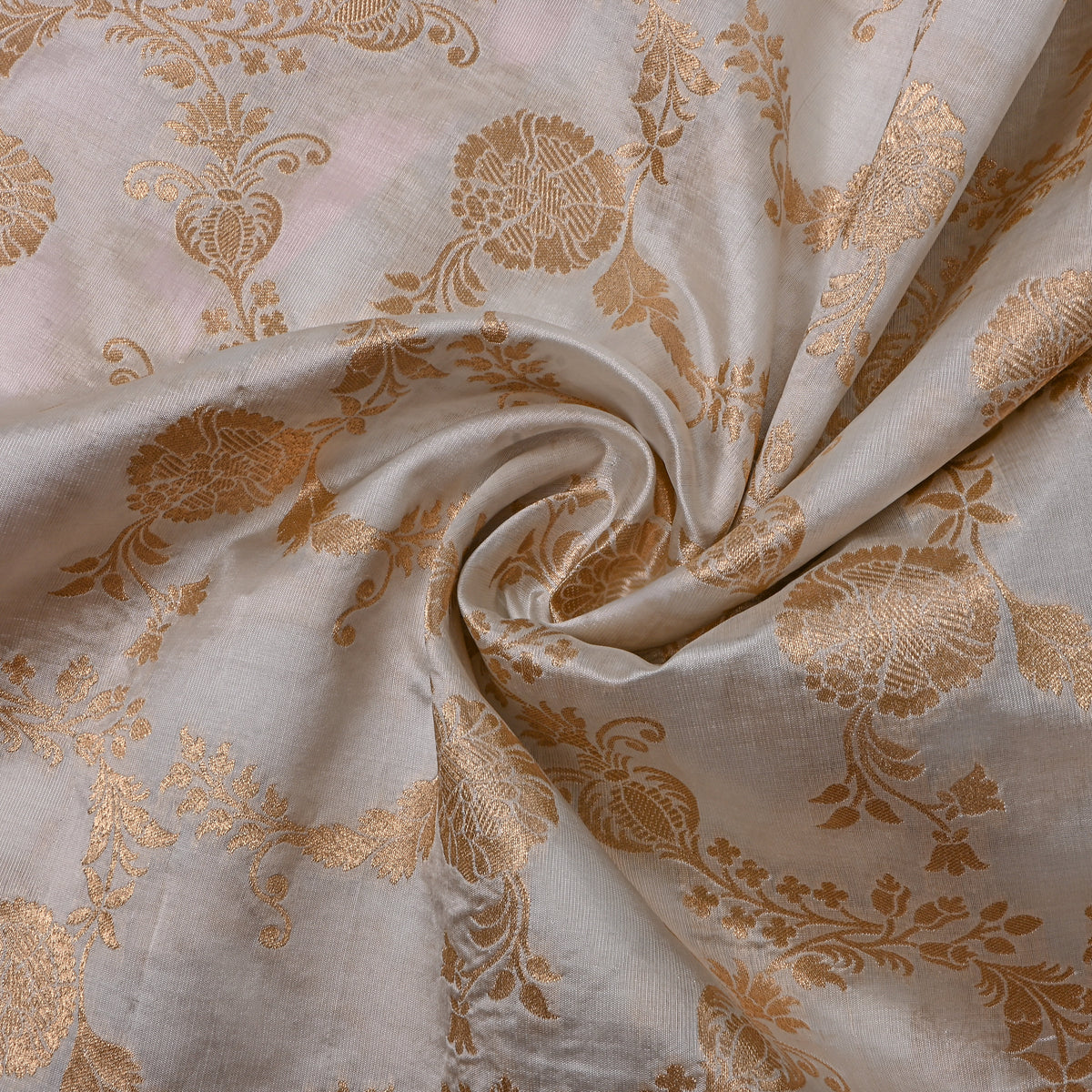 White Gold Floral Jaal Self Weave Jamawar Silk Fabric
