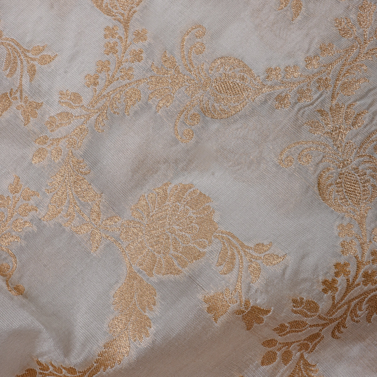 White Gold Floral Jaal Self Weave Jamawar Silk Fabric