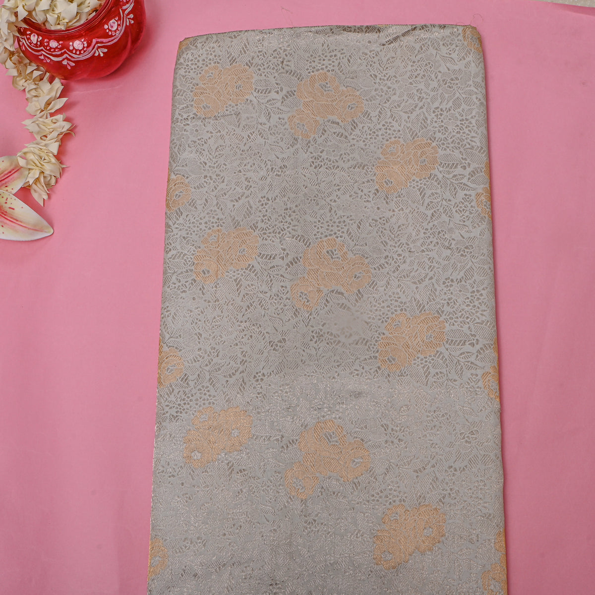 Grey Copper Floral Jamawar Silk Fabric