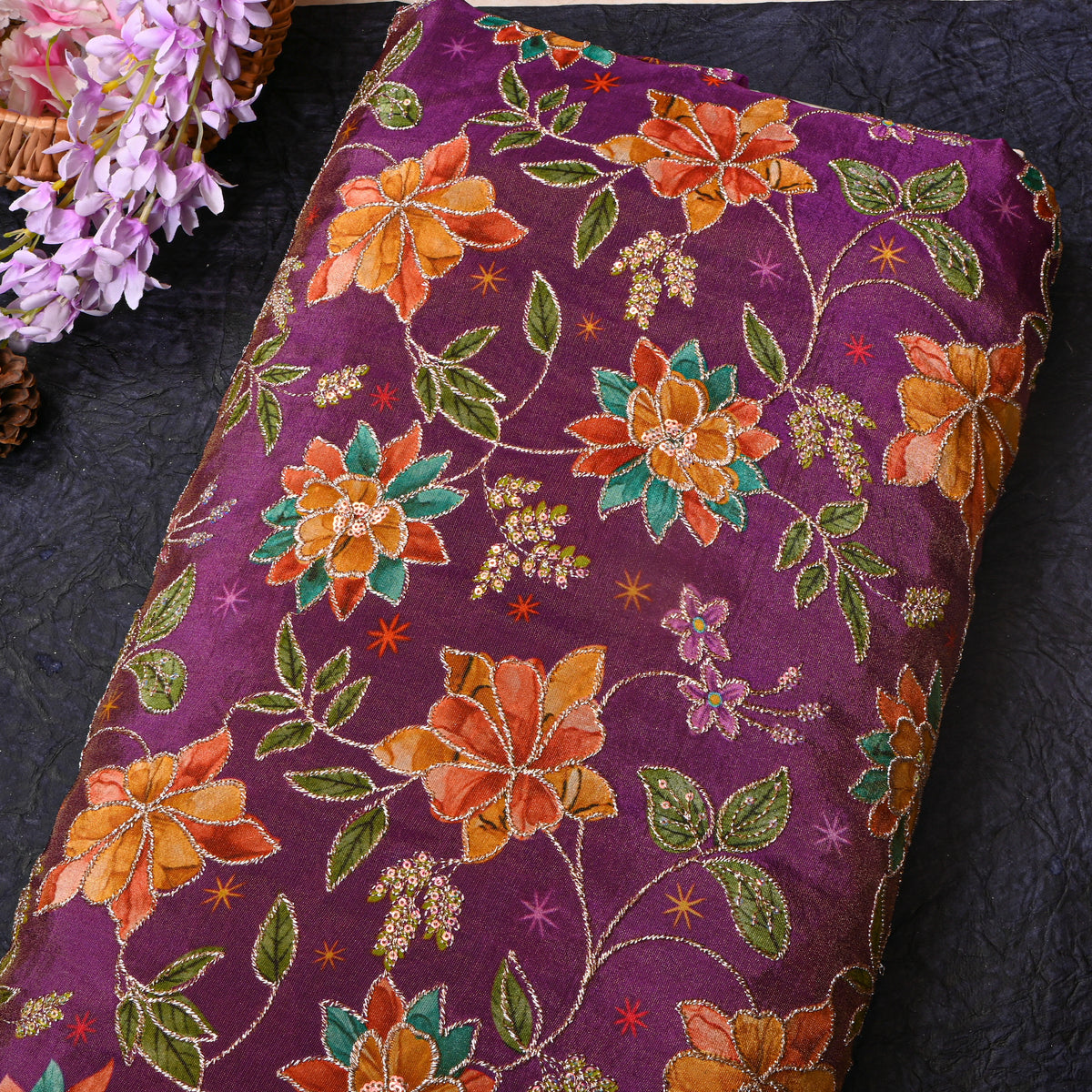 Mulberry Purple Gold Zari Floral Jaal Printed Embroidery Tissue Fabric