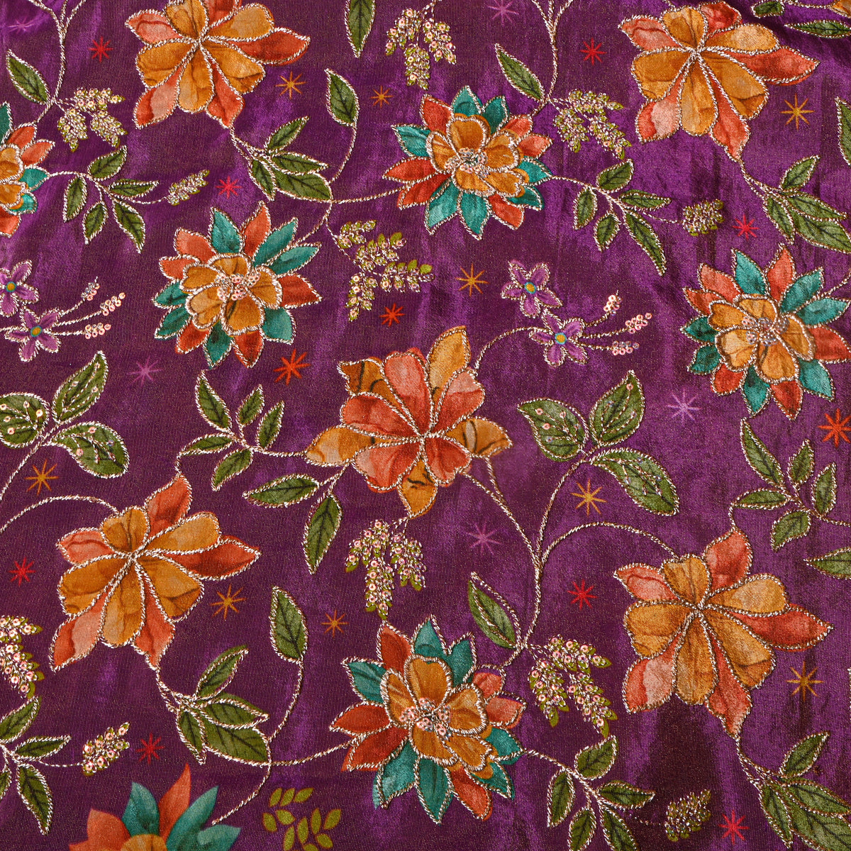 Mulberry Purple Gold Zari Floral Jaal Printed Embroidery Tissue Fabric