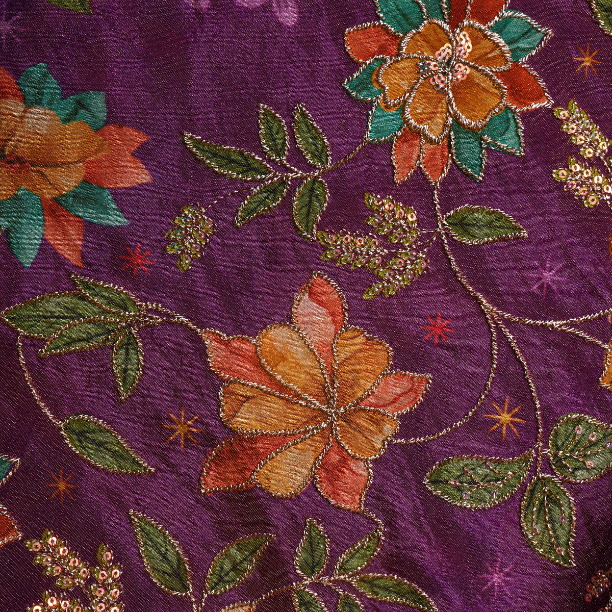 Mulberry Purple Gold Zari Floral Jaal Printed Embroidery Tissue Fabric