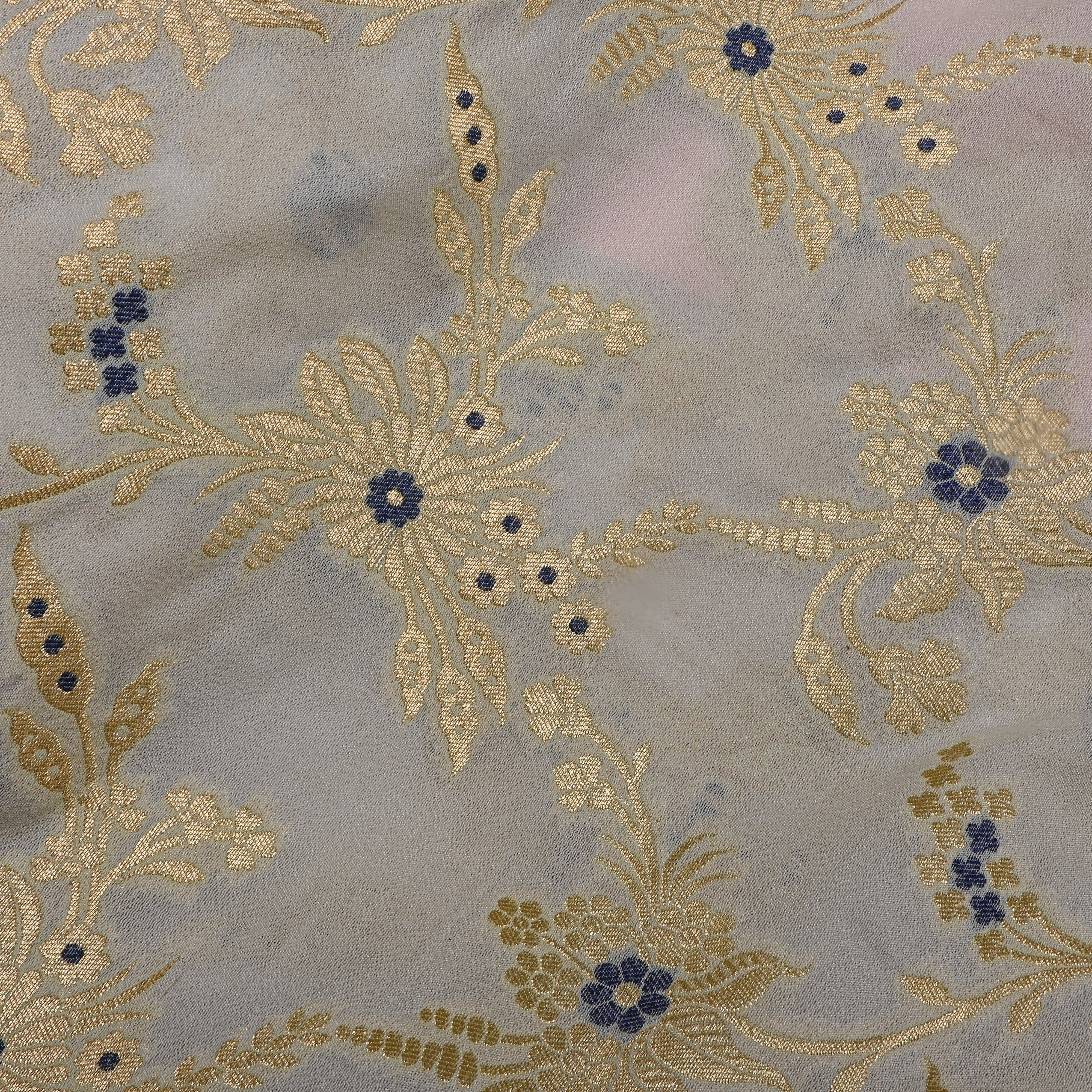 White Gold Zari Floral Woven Jamawar Silk
