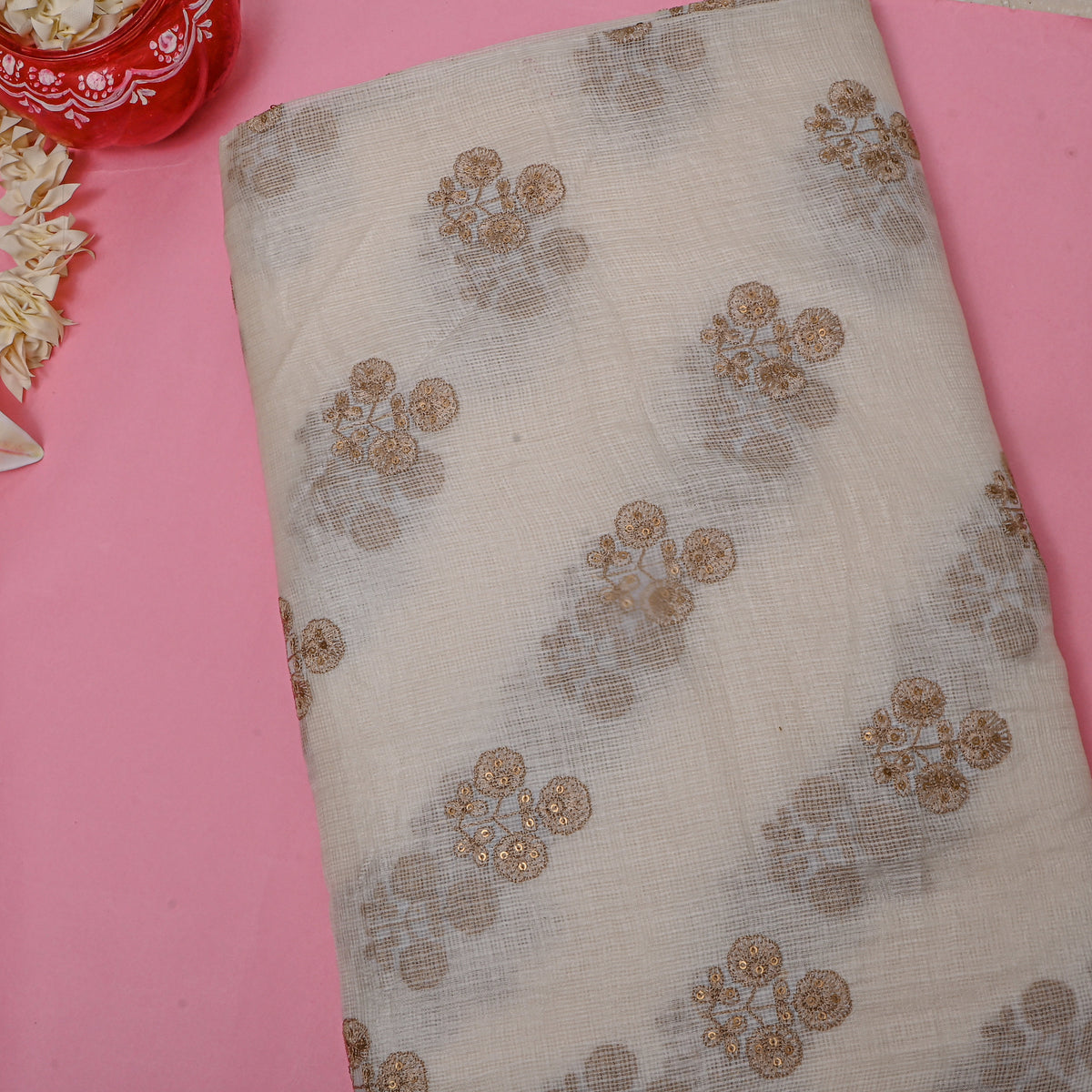 White Gold Floral Embroidered Kota Silk Fabric