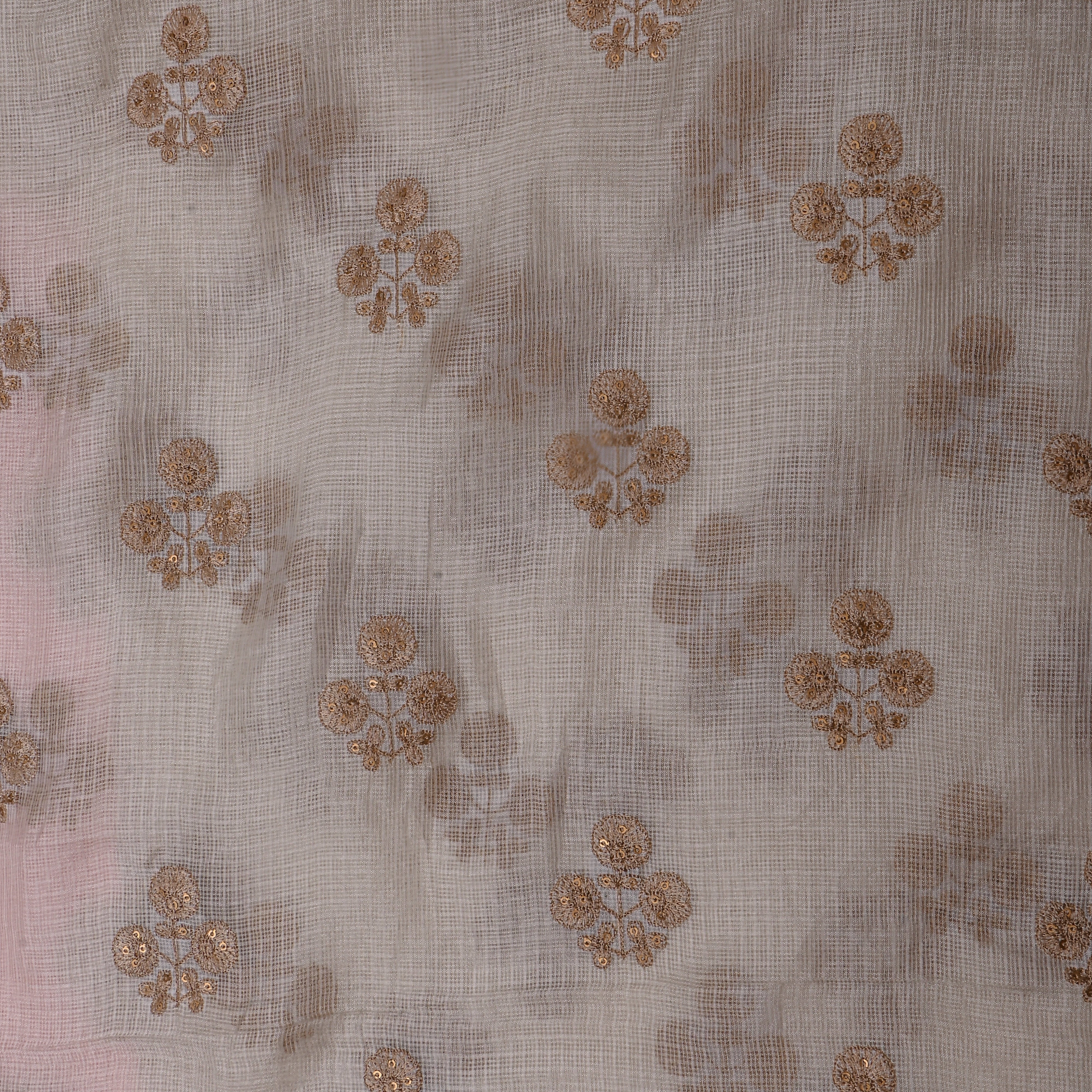 White Gold Floral Embroidered Kota Silk Fabric