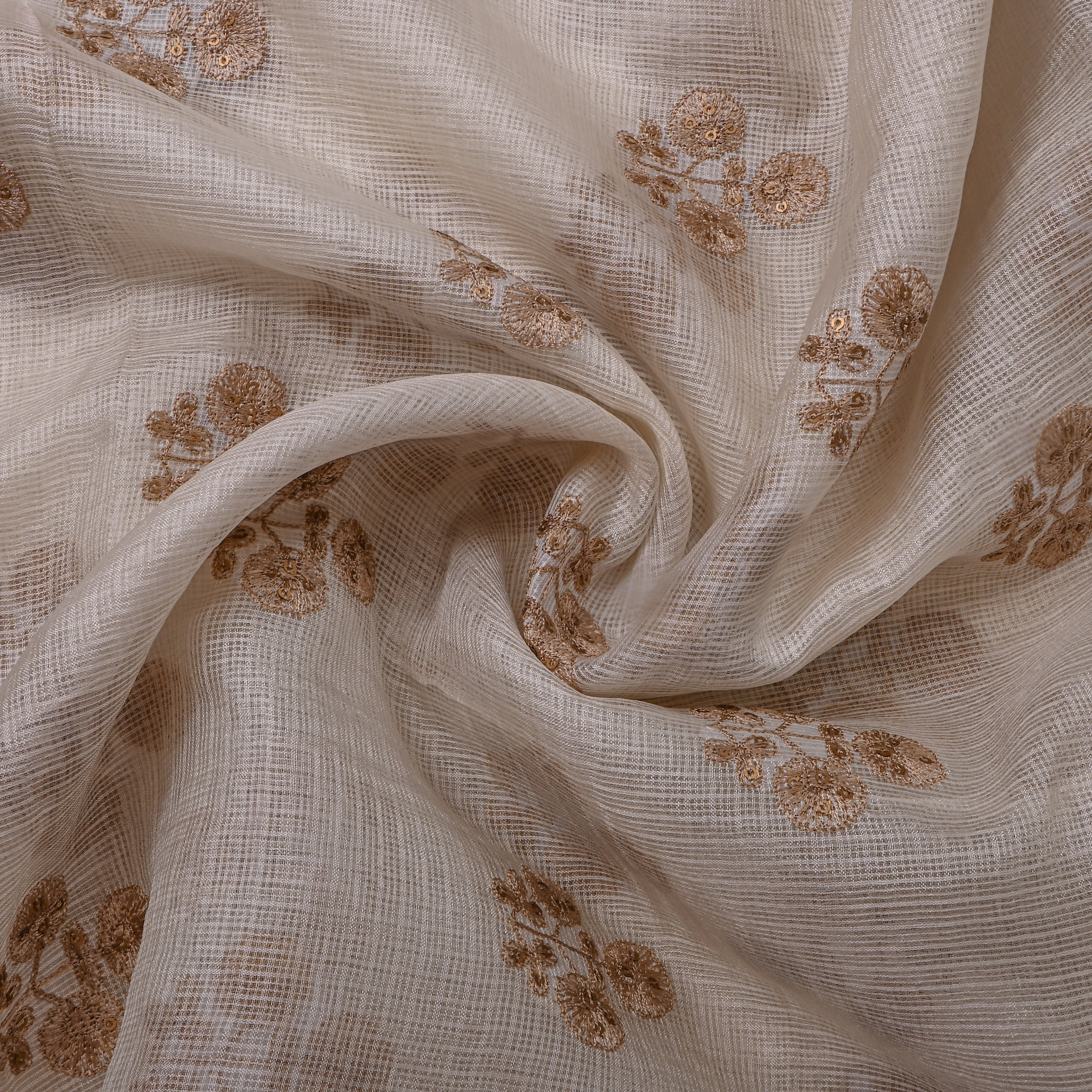 White Gold Floral Embroidered Kota Silk Fabric