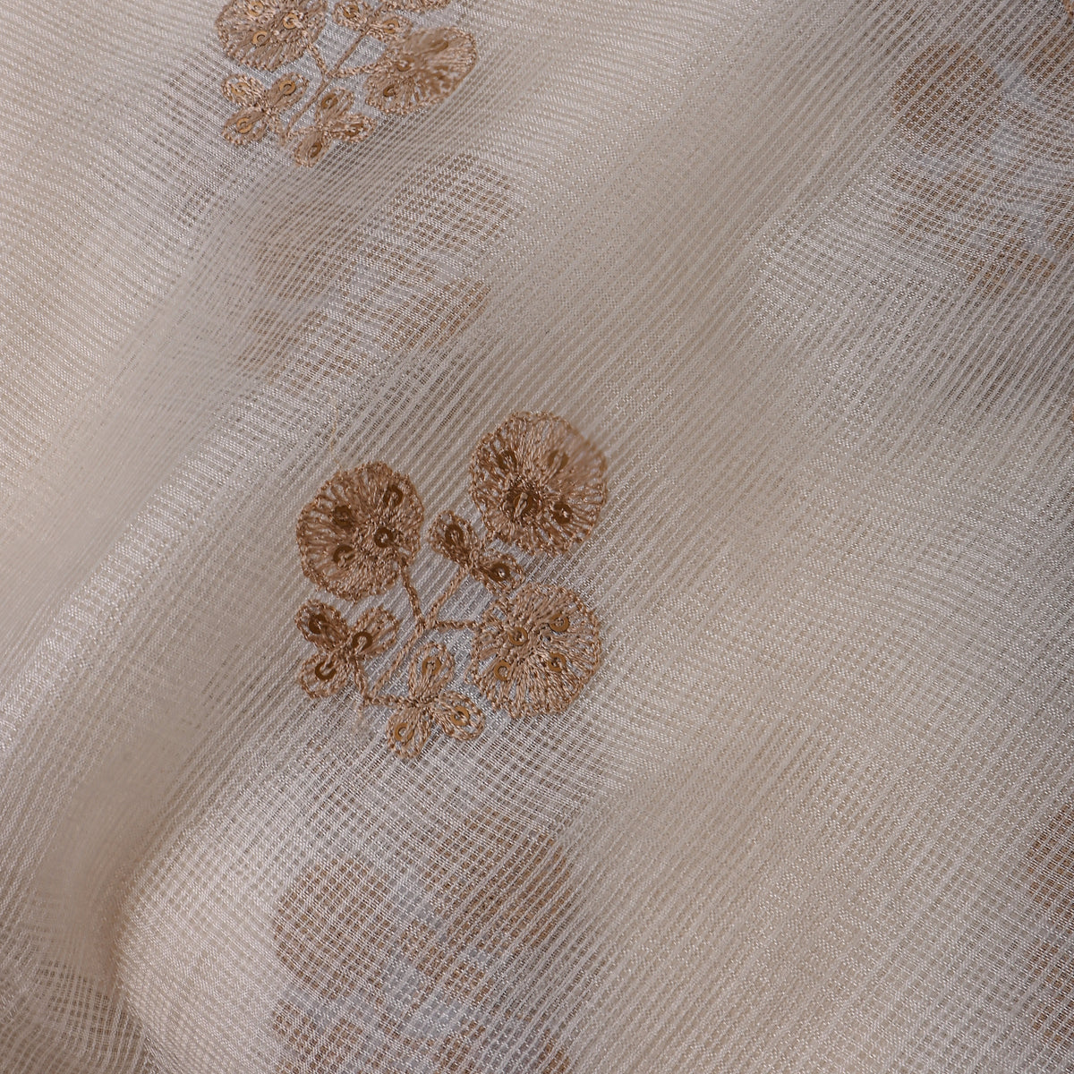 White Gold Floral Embroidered Kota Silk Fabric