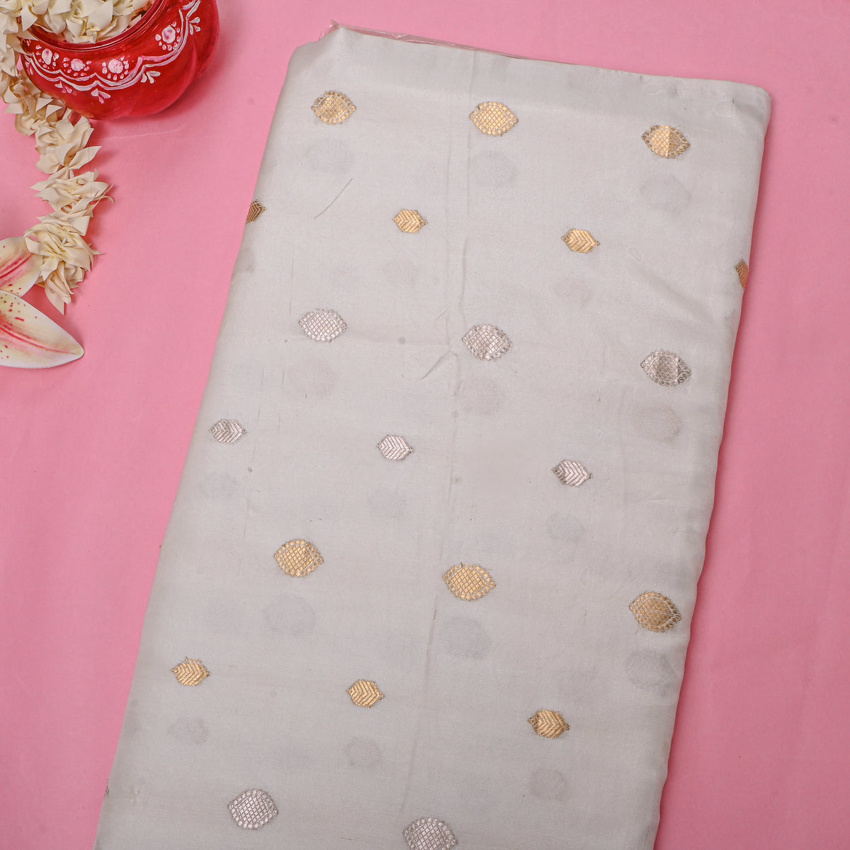 White With Gold Zari Butti Self Weave Jamawar Silk Fabric