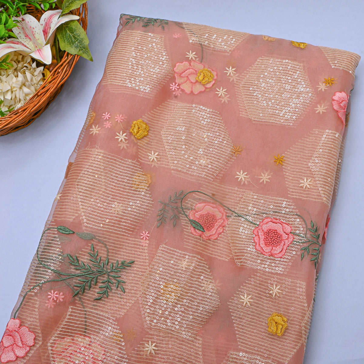 Dusty Rose Floral Thread Work Embroidery Organza Fabric