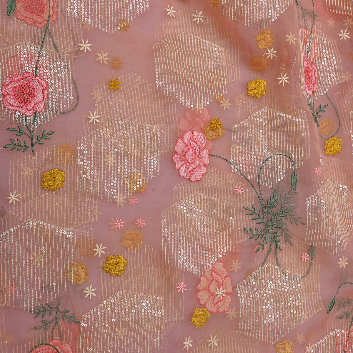 Dusty Rose Floral Thread Work Embroidery Organza Fabric