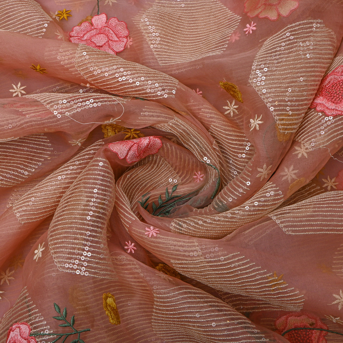 Dusty Rose Floral Thread Work Embroidery Organza Fabric