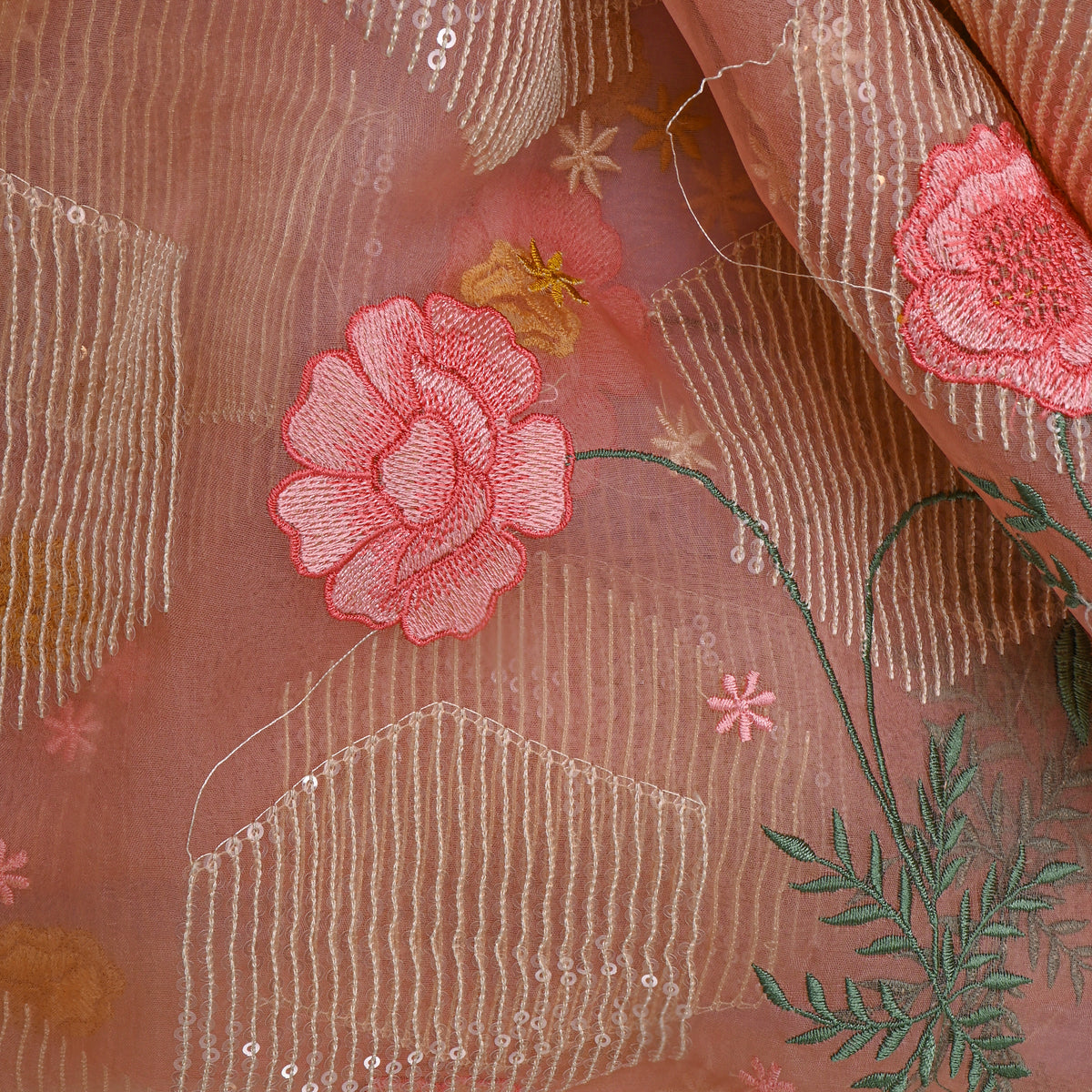 Dusty Rose Floral Thread Work Embroidery Organza Fabric