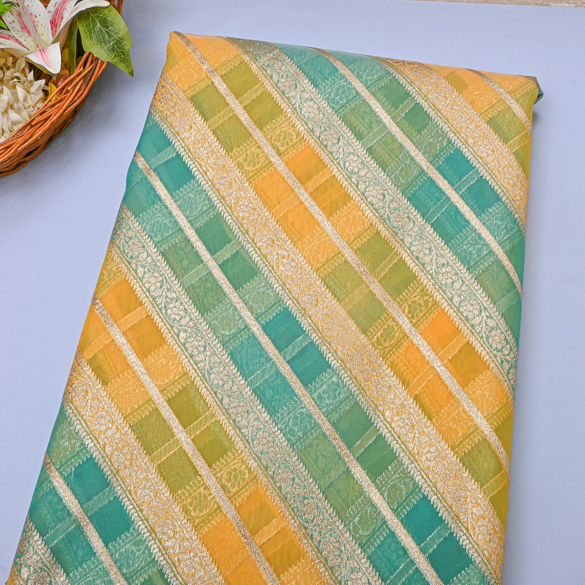 Teal-Mustard Checks Weave Jamawar Organza