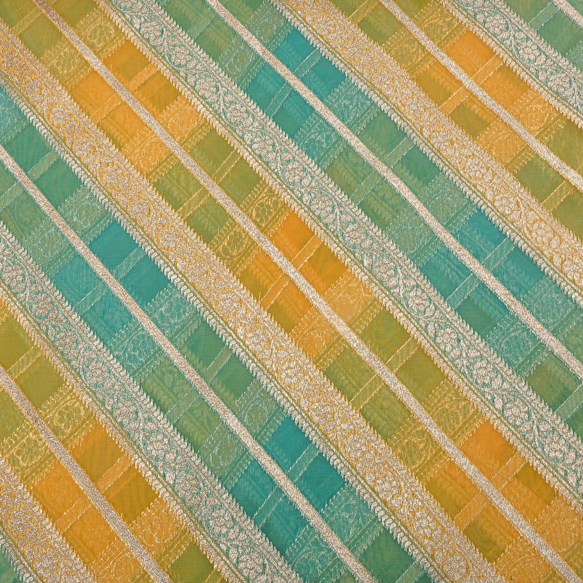 Teal-Mustard Checks Weave Jamawar Organza