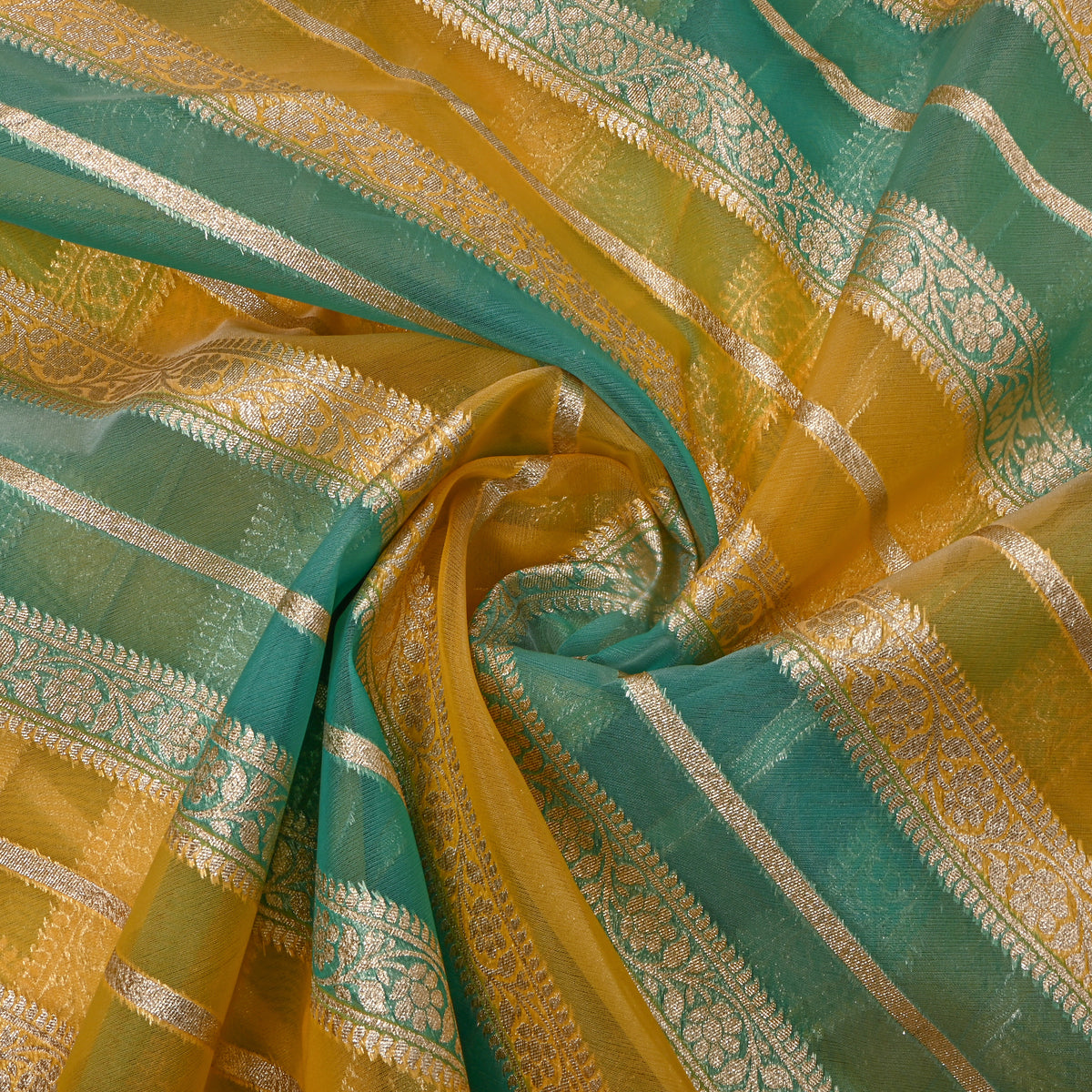 Teal-Mustard Checks Weave Jamawar Organza