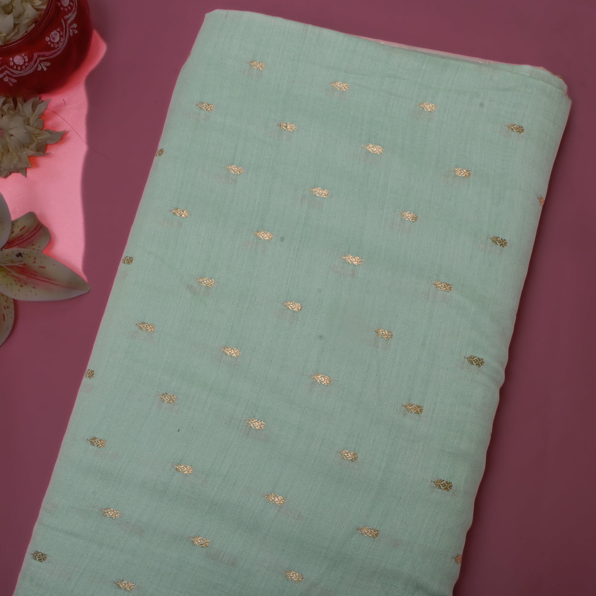 Sage Green Gold Zari Butti Jamawar Silk Fabric