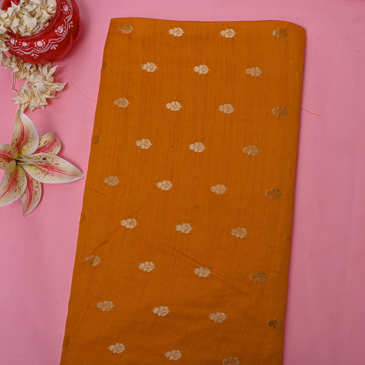 Coral Orange With Gold Zari Butti Self Weave Jamawar Silk Fabric