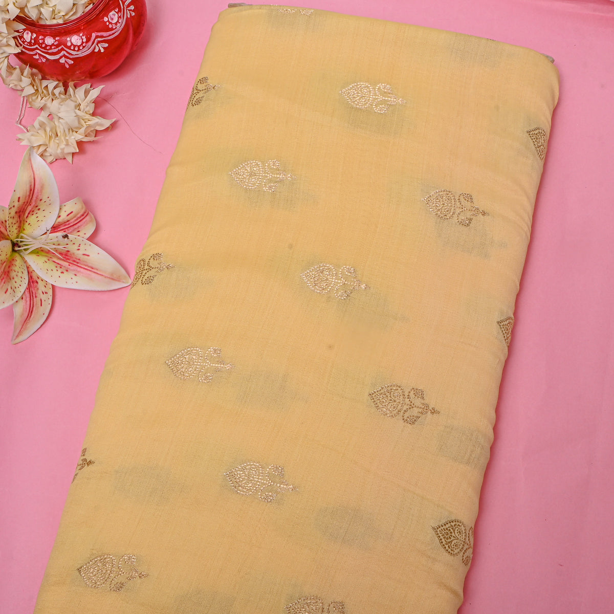 Butter Yellow Gold Zari Butti Jamawar Silk Fabric