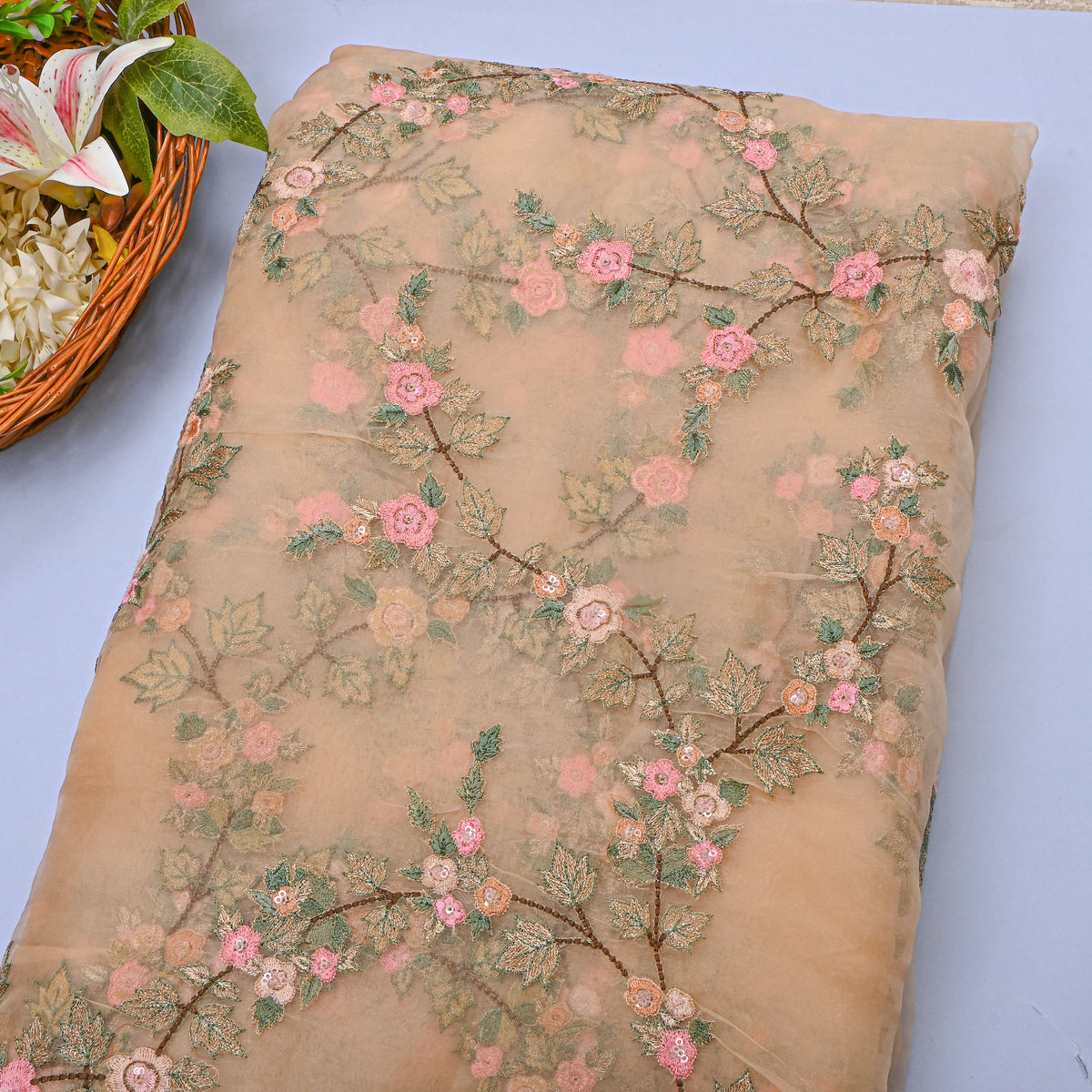 Peach Gold Thread Work Floral Jaal Organza Fabric