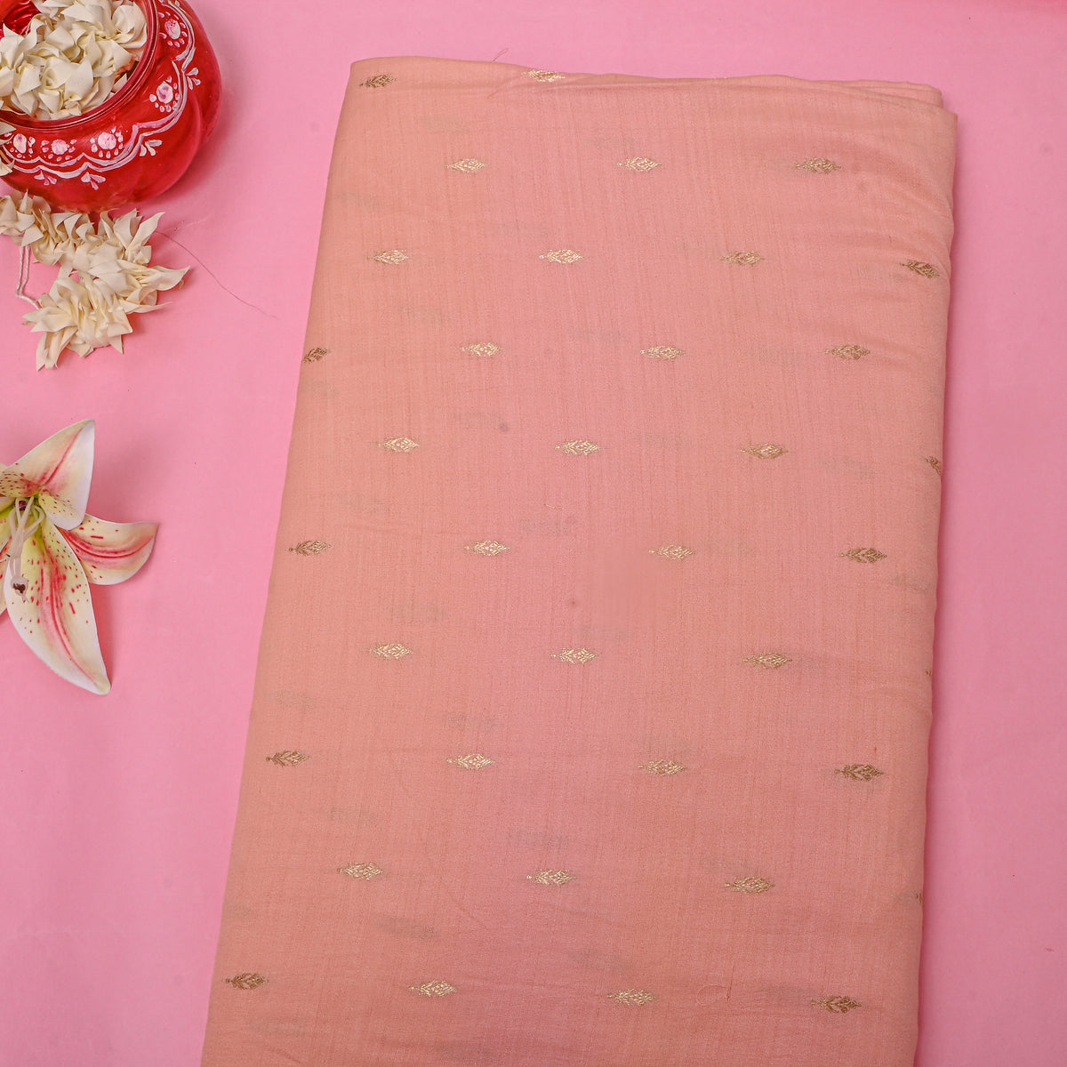 Peach Gold Zari Butti Jamawar Silk Fabric