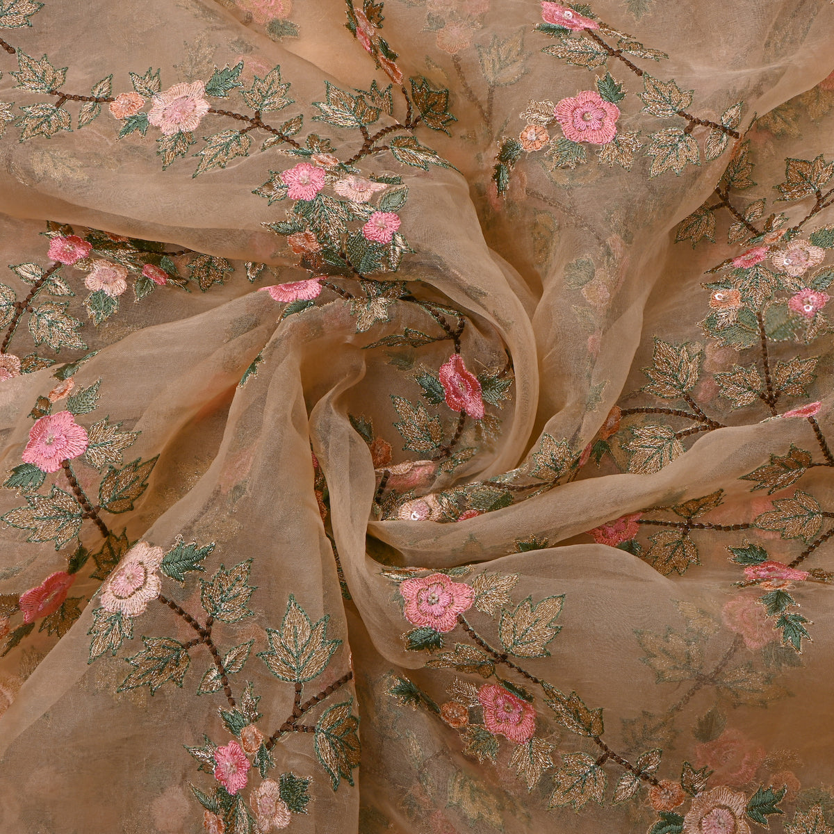 Peach Gold Thread Work Floral Jaal Organza Fabric