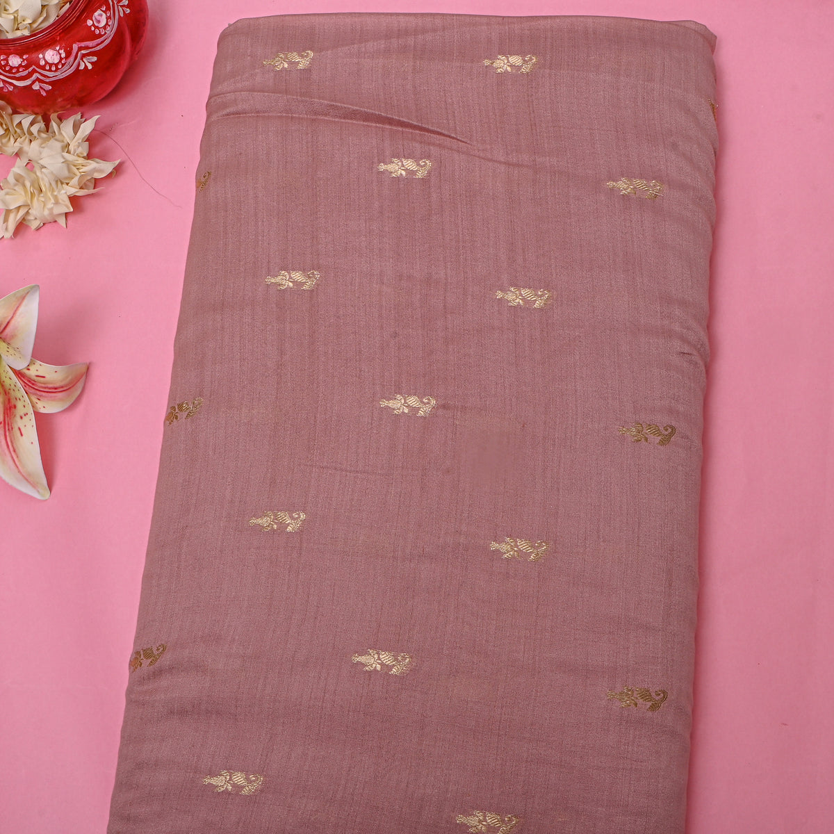 Dusty Pink Gold Zari Butti Jamawar Silk Fabric.