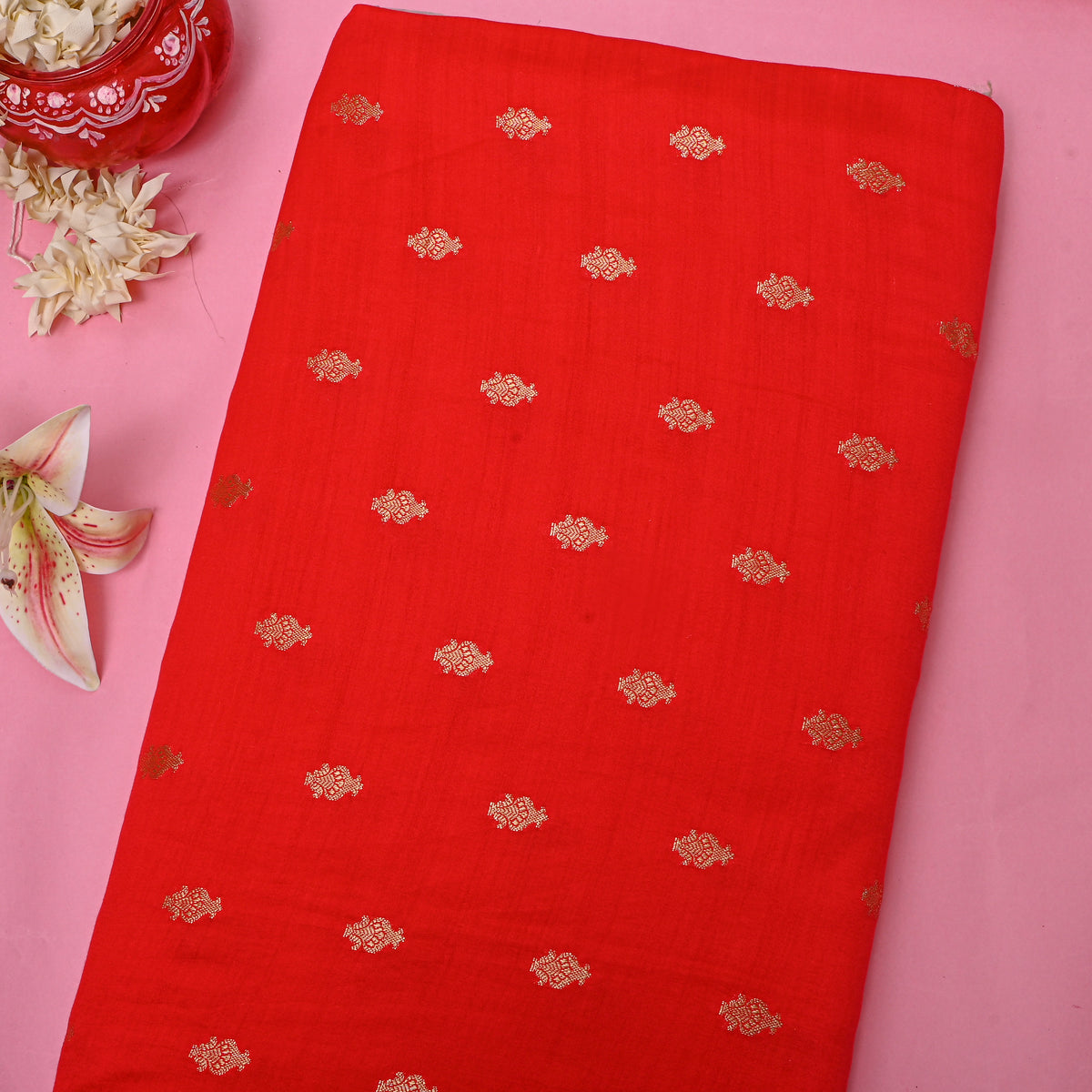Red Jamawar Silk With Antique Gold Butti