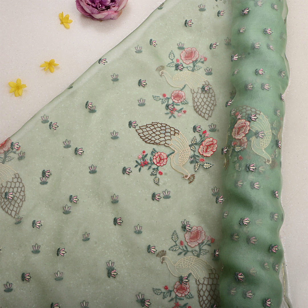 Turquoise Green Organza Embroidered Fabric