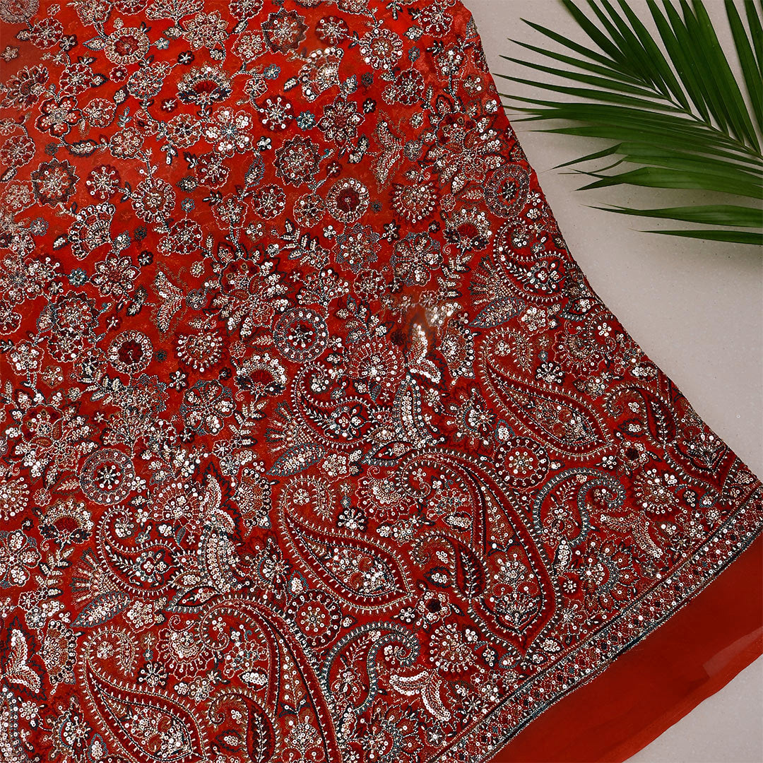 Timberbird Orange Georgette Embroidered Fabric