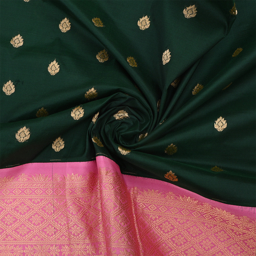 Bottle Green Jamawar Silk Fabric With Contrast Border