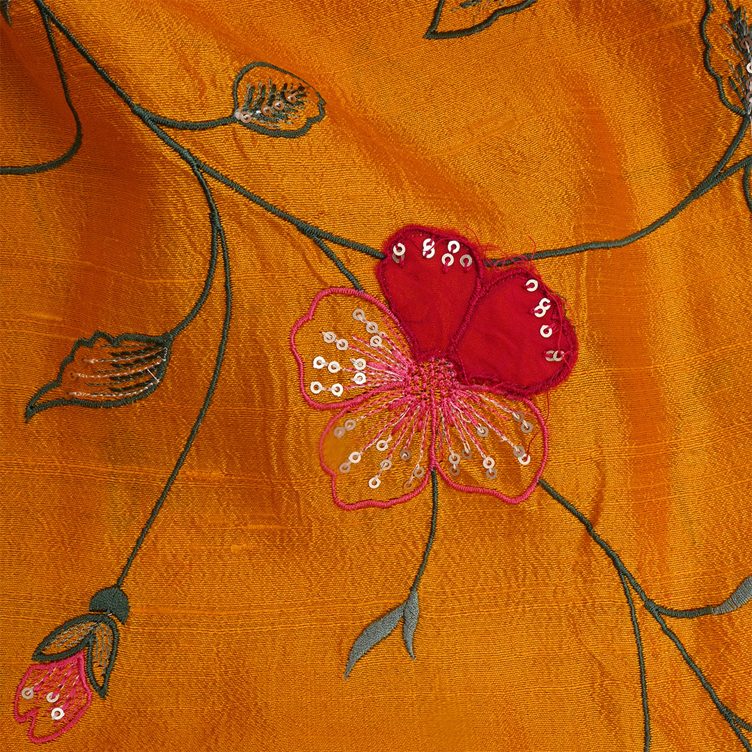 Dirty Orange Dupion Raw Silk Embroidered Fabric