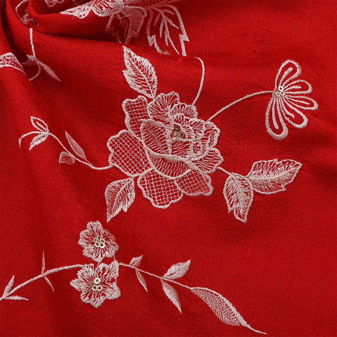 Red Dupion Raw Silk Embroidered Fabric