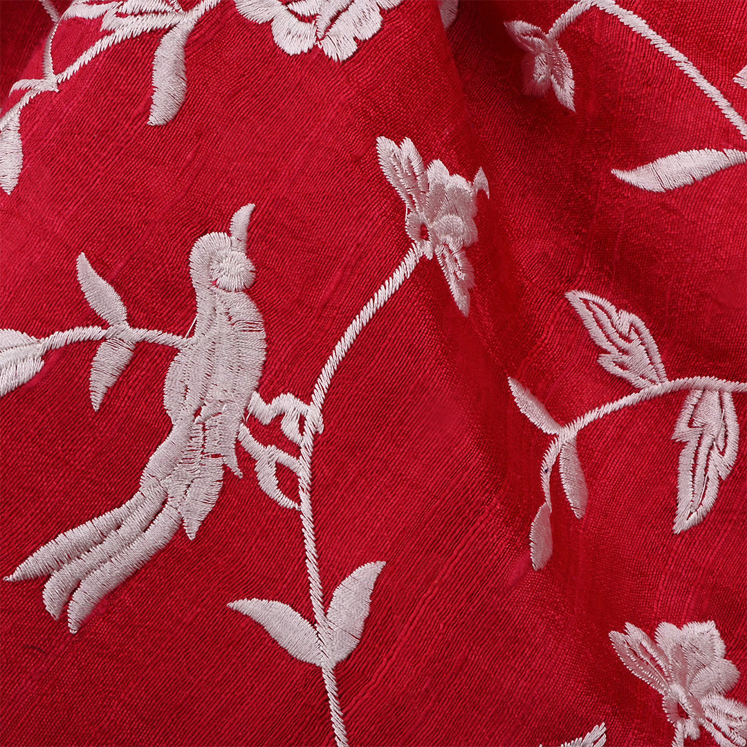 Cornell Red Dupion Raw Silk Embroidered Fabric