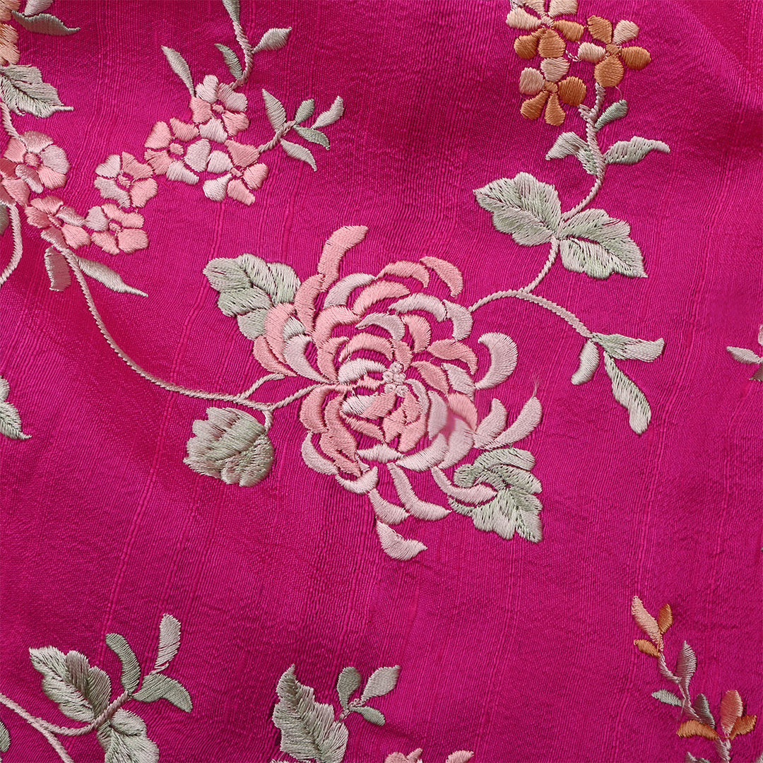 Bright Pink Dupion Raw Silk Embroidered Fabric