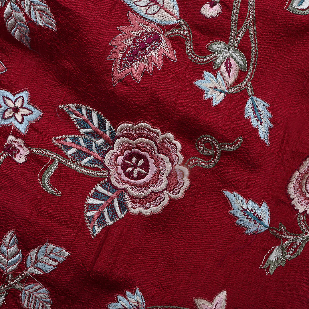 Firebrick Red Dupion Raw Silk Embroidered Fabric