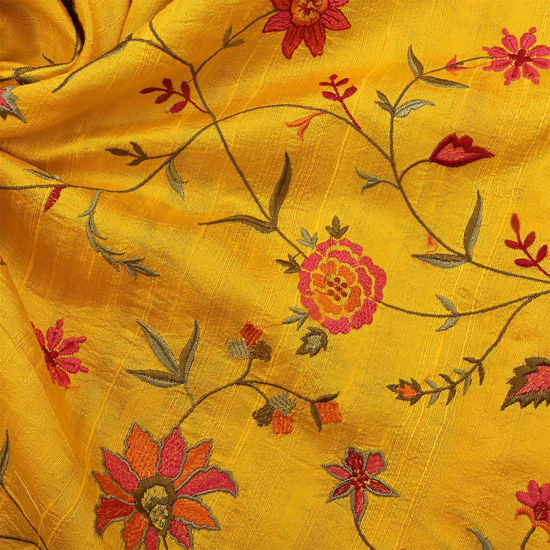 Burnt Yellow Dupion Raw Silk Embroidered Fabric