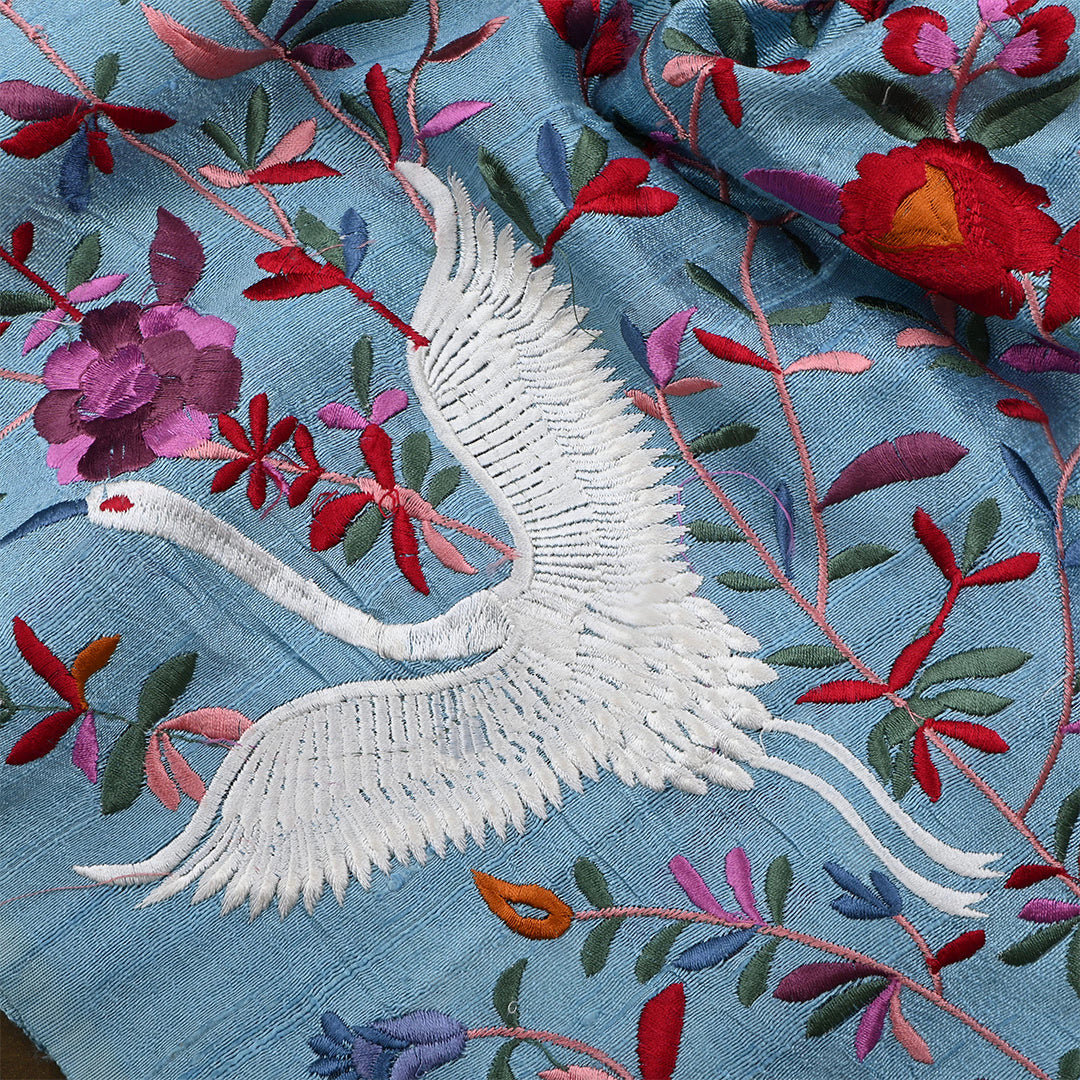 Moonstone Blue Dupion Raw Silk Embroidered Fabric