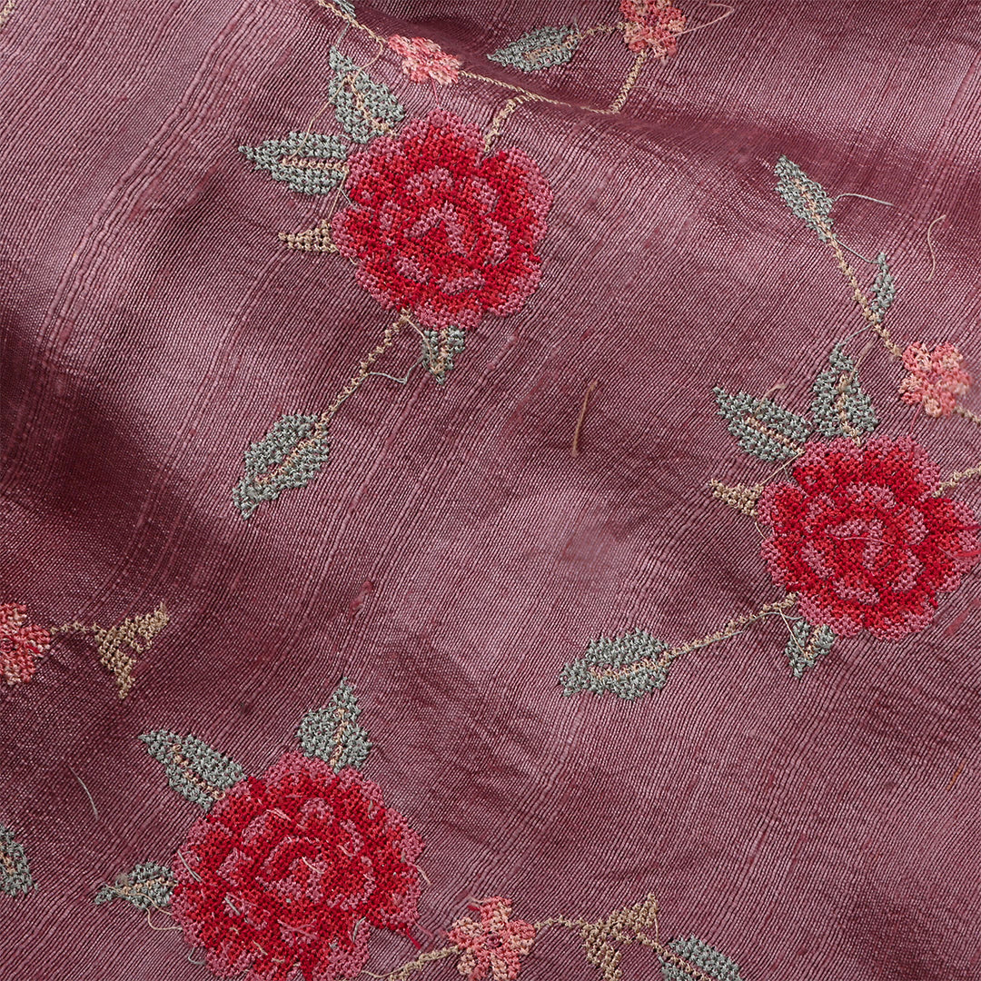 Dark Mauve Pink Dupion Raw Silk Petit Point Embroidered Fabric