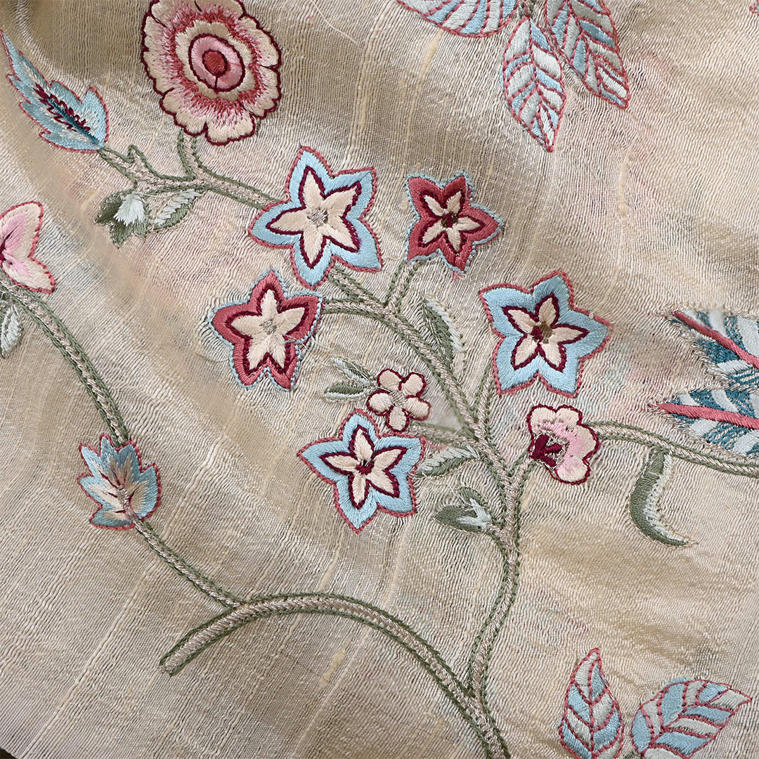 Bone Cream Dupion Raw Silk Embroidered Fabric