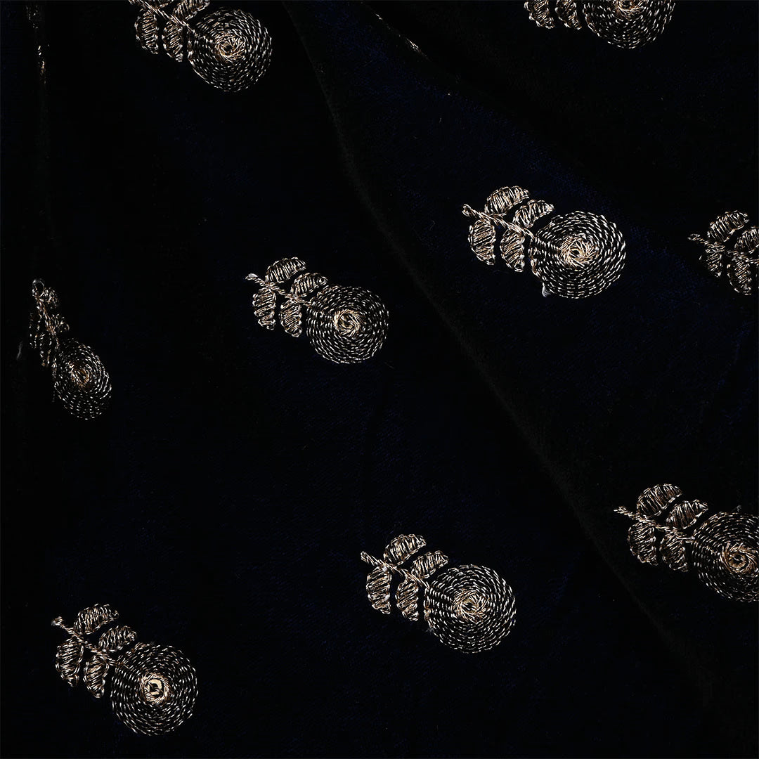 Black Velvet Zari Embroidered Fabric With Navy Blue Edge