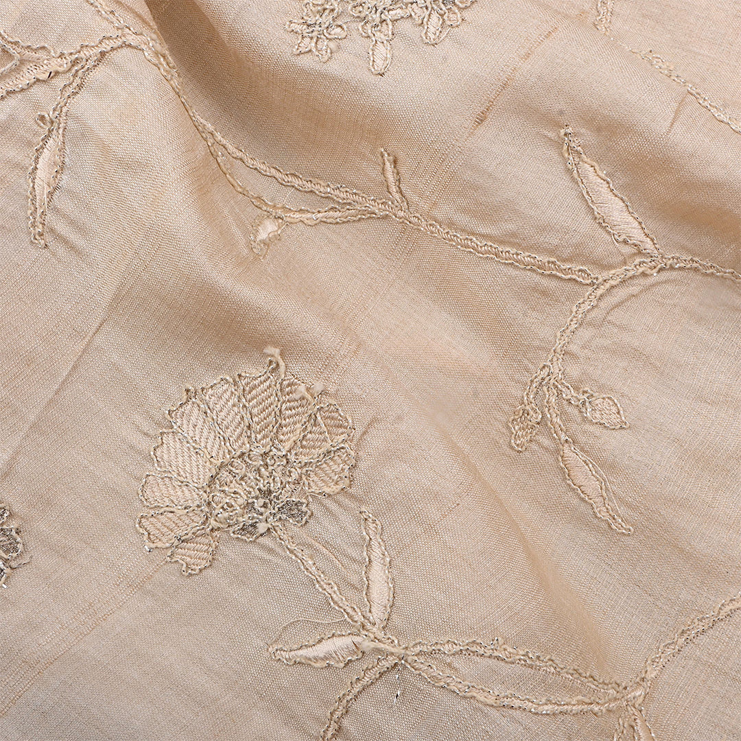 Off White Tussar Floral Embroidered Fabric